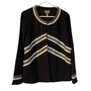 Chico's Women's Cotton Waffle Knit Jacket Size L 12 14 Black Crochet Trim Beaded